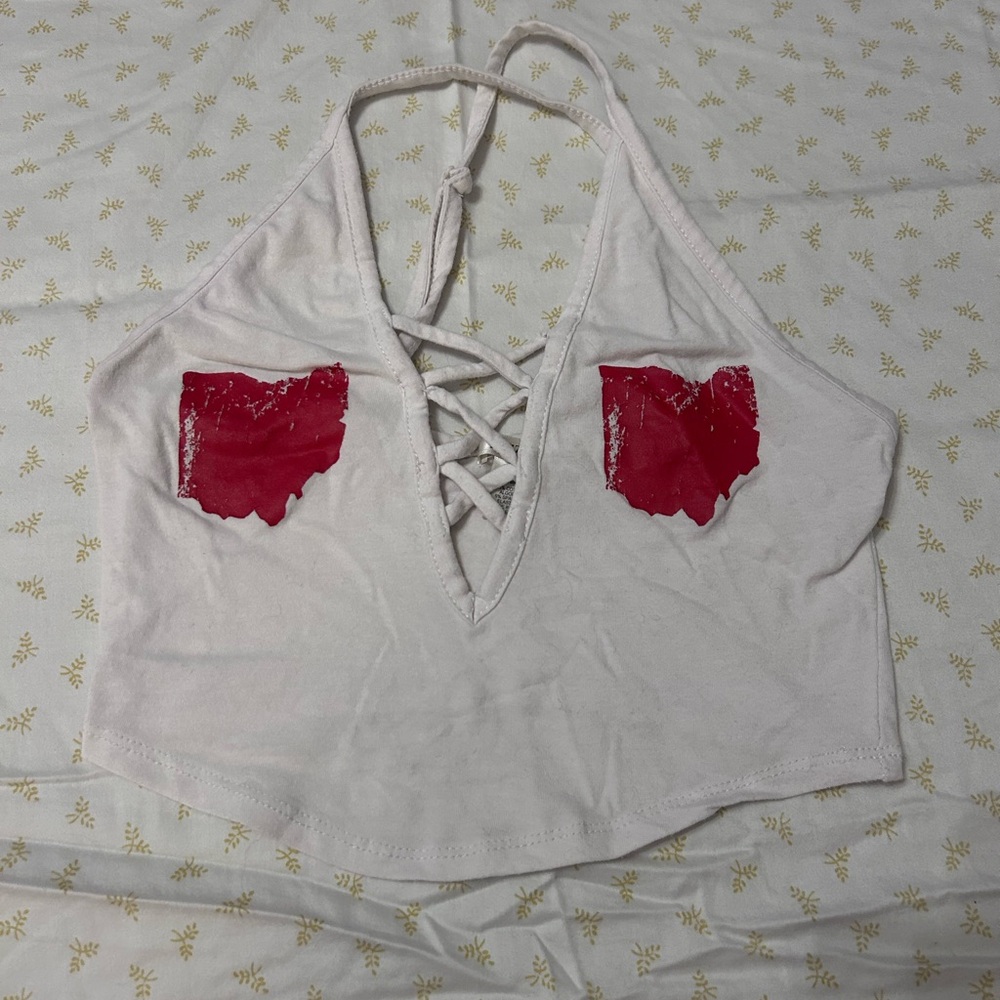 OHIO WHITE AND RED GAMEDAY FOOTBALL LACE UP CROP TOP